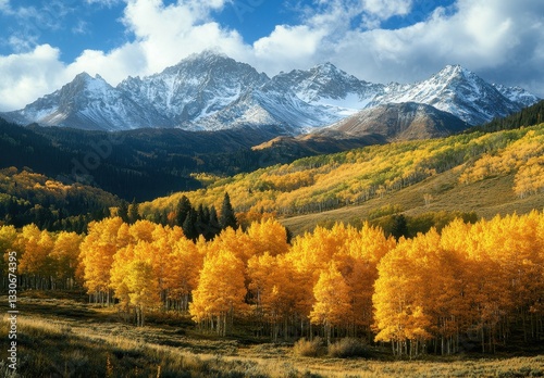 Majestic Landscape Featuring Autumn Foliage and Snow-Capped Mountains Under a Vibrant Blue Sky with Fluffy Clouds in a Picturesque Natural Setting