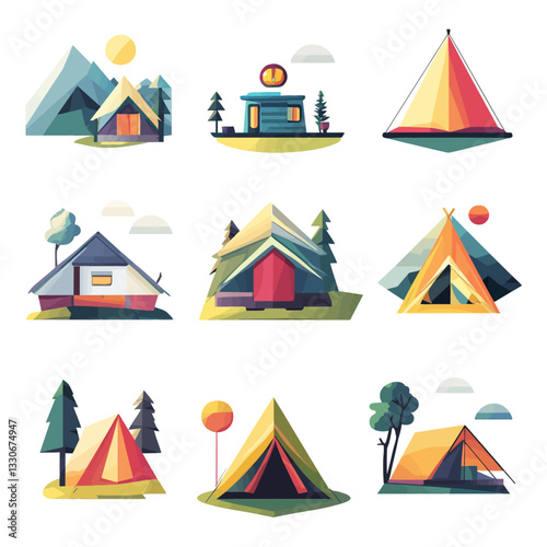 Minimalist Camp Icon Set, Camping Adventure Illustration, Geometric Design