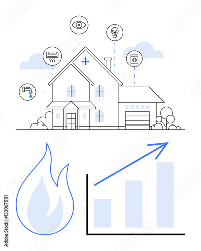 Modern house connected to intelligent devices and sensors for automation, safety, and energy efficiency. Fire icon with rising graph symbolizes growth. Ideal for technology, energy-saving