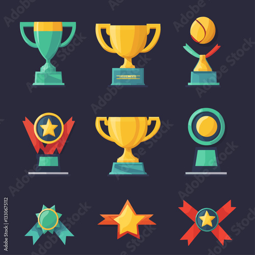 Golden trophies and awards on a dark background, symbols of success