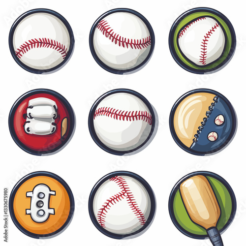 Baseball Game Elements: Balls, Bases, Bat, Glove, Cartoon Style Icons