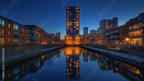 Night cityscape reflection in canal, modern architecture, urban canal at dusk