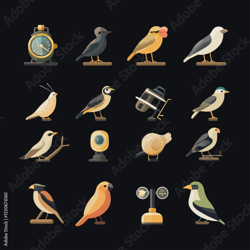 Birds with Objects, Clock, Weather Station, and Camera in a Flat Design