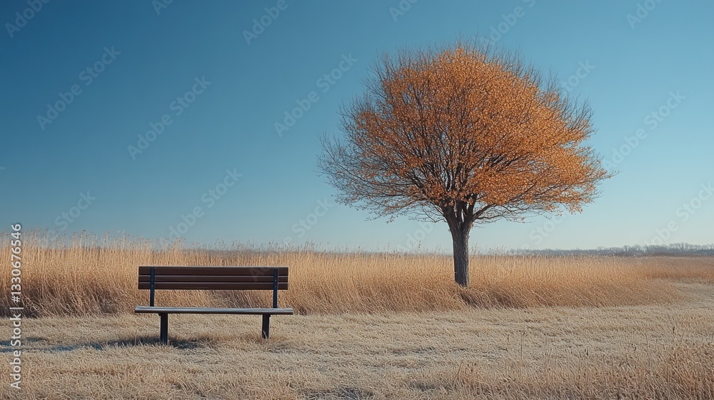 Solitary bench by golden autumn tree in frosty field at sunrise Solitary bench by golden autumn tree in frosty field at sunrise
