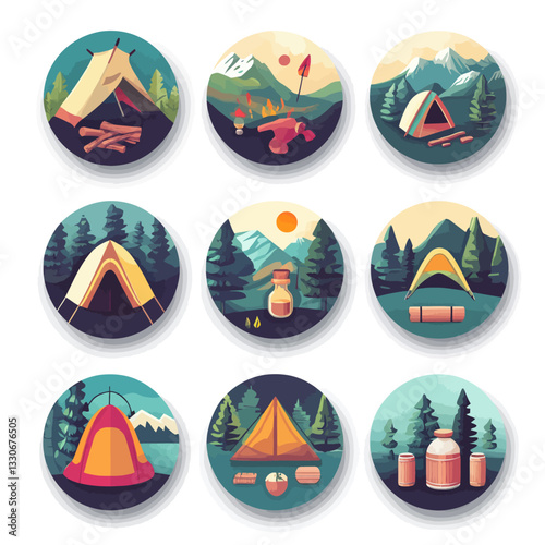 Camping adventure badges with tents, campfires and nature landscapes
