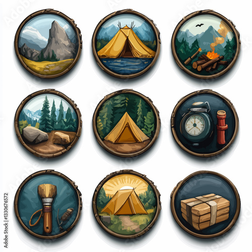 Camping Badges Illustration Set: Adventure Icons, Nature Elements, Forest