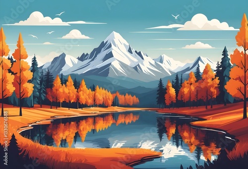 Vector illustration of a stunning autumn mountain landscape featuring snowy mountains, colorful fall forests, and a peaceful travel concept, ideal for prints, flyers, and backgrounds.
