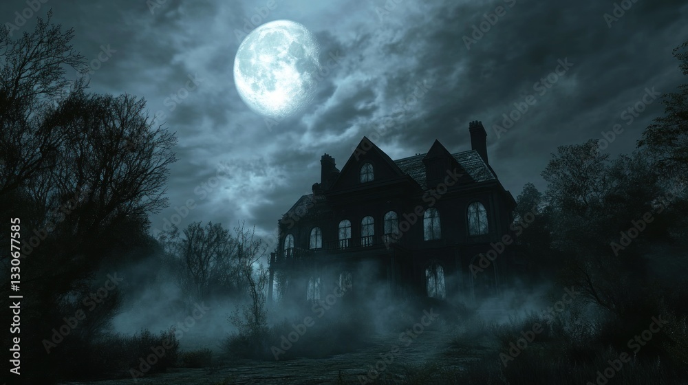 Eerie Mansion Under a Full Moon A Hauntingly Beautiful Night Scene with Fog and Shadows
