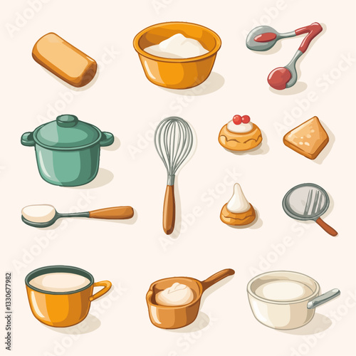 Cartoon kitchenware and baking ingredients for cooking and pastry-making