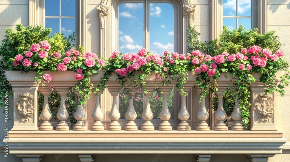 Fototapeta premium Ornate balcony overflowing with pink climbing roses, sunny day