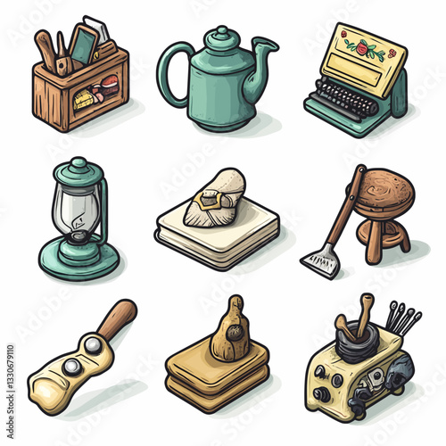Collection of Antique Items: Teapot, Typewriter, Lamp, Tools and Artifacts