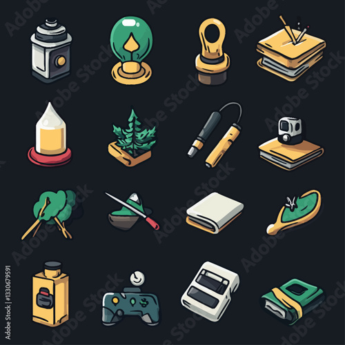 Collection of stylized icon set for gaming, nature, and leisure elements