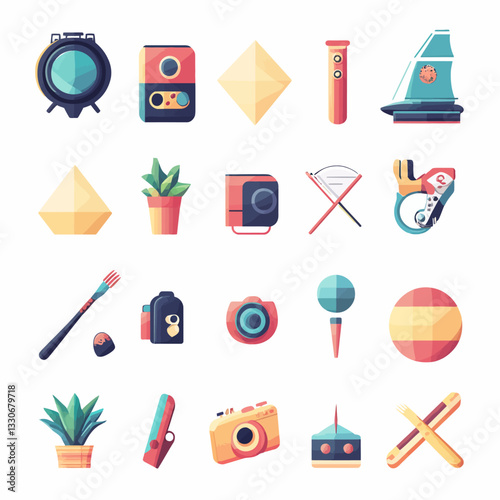 Assorted Retro Styled Flat Design Items on a White Background Layout
