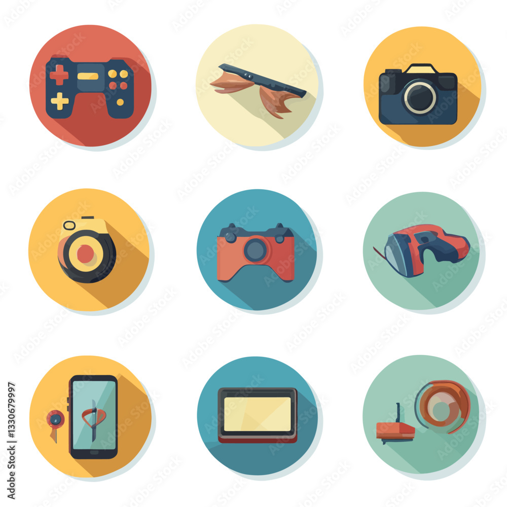 Flat design vector icons of technology including camera and game controller Flat design vector icons of technology including camera and game controller