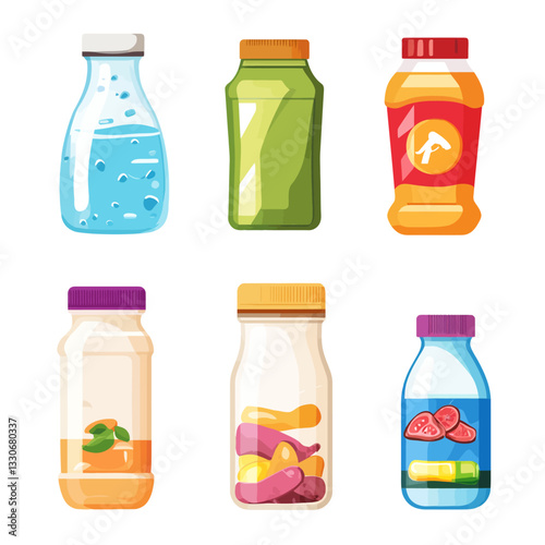 Assorted beverage and vitamin bottles, nutrition, wellness, and healthy living