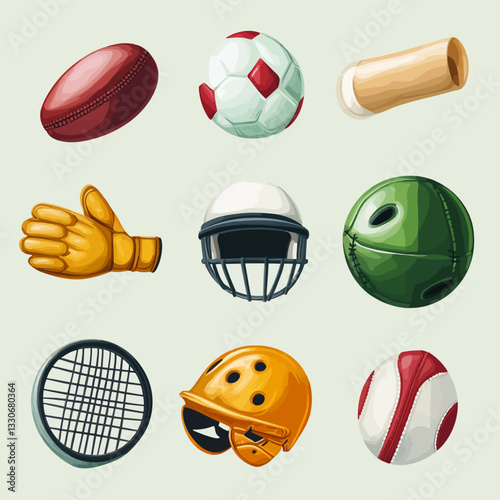 Sports equipment with helmet, balls, tennis racket, and protective glove