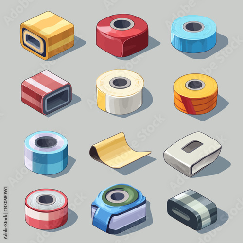 Collection of Colorful Isometric Tape Rolls for Various Applications