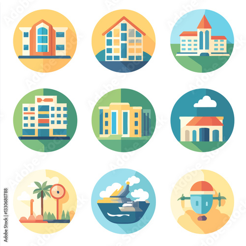 Vector Art of Colorful Buildings, Ship, Airplane and Landscape Icons