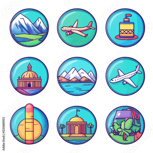 Travel destinations vector icons featuring landscapes and historical sites