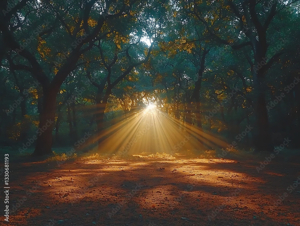 Obraz premium Forest Path Lights Golden Rays Shine Through Trees