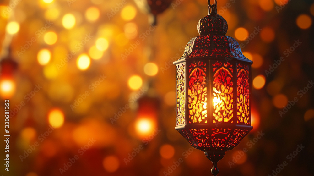 Retro Pattern Ramadan Lamp For Eid Mubarak In 4K With A Traditional Islamic Design And Warm Golden Glow Background