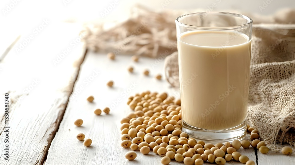 Soy milk bottle with a glass beside it Soy milk bottle with a glass beside it