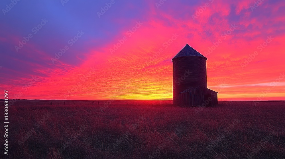 Fototapeta premium Vibrant Sunset over Prairie Silo