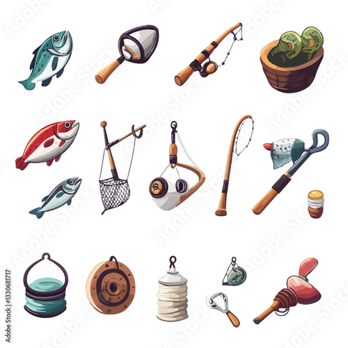 Fishing vector elements set with rod, fish and other tools equipment
