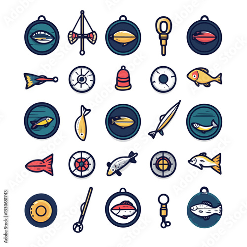 Set of vector icons depicting fishing equipment and nautical elements