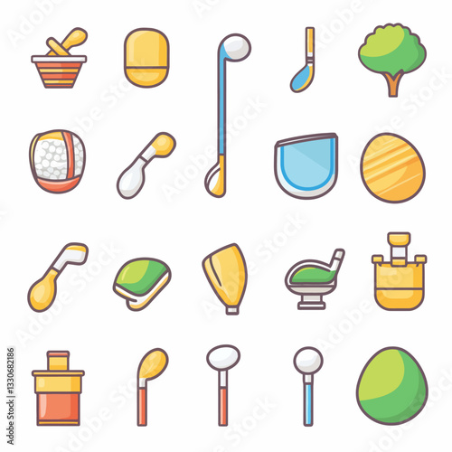 Golf equipment and accessories icon set. Golfing vector design elements.