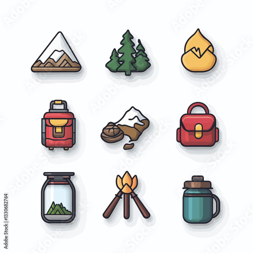 Camping Adventure Icons Set featuring nature, gear and travel essentials