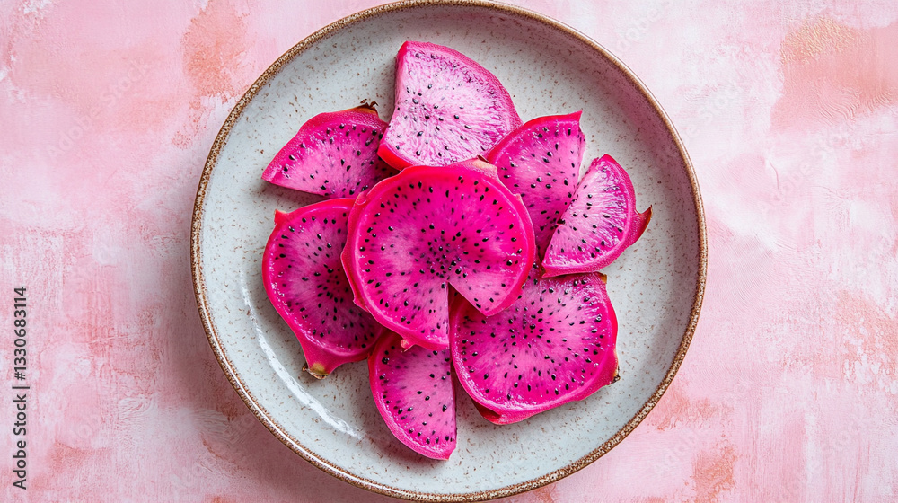 Sliced Dragon Fruit On A Plate With A Vibrant Pink Outer Skin And White Flesh Speckled With Tiny Black Seeds.