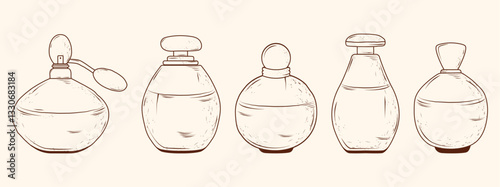 A set of vintage hand-drawn perfume bottles. Vector illustration.