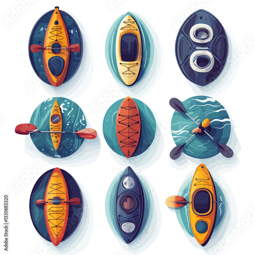 Various Kayaks and Canoes on Water: Colorful Paddling Vector Illustration