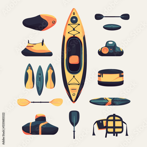 Isolated flat lay of kayak equipment on white for adventurous excursions