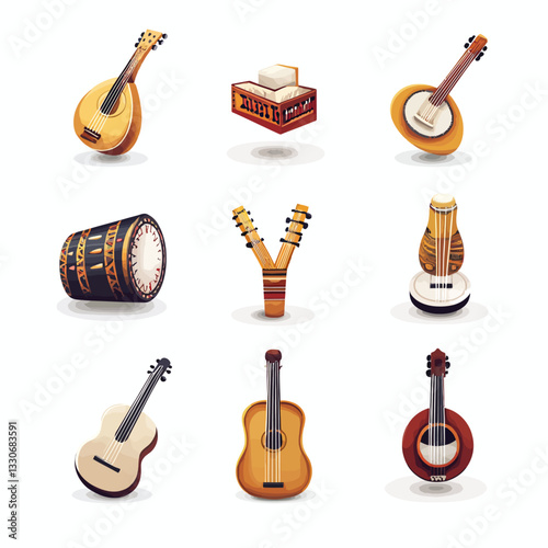 Collection of exotic, handmade musical instruments on a white background