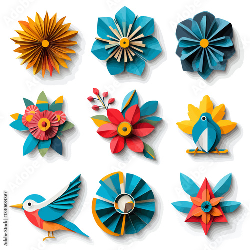 Origami-style flowers and birds in vibrant, handcrafted paper art design