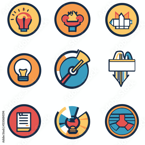 Icon set displays creative solutions, innovation, and project workflow