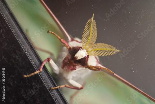A striking Luna moth rests on a shiny surface, showcasing intricate yellow antennae and rich colors. Captivating close-up of nature, full face moth