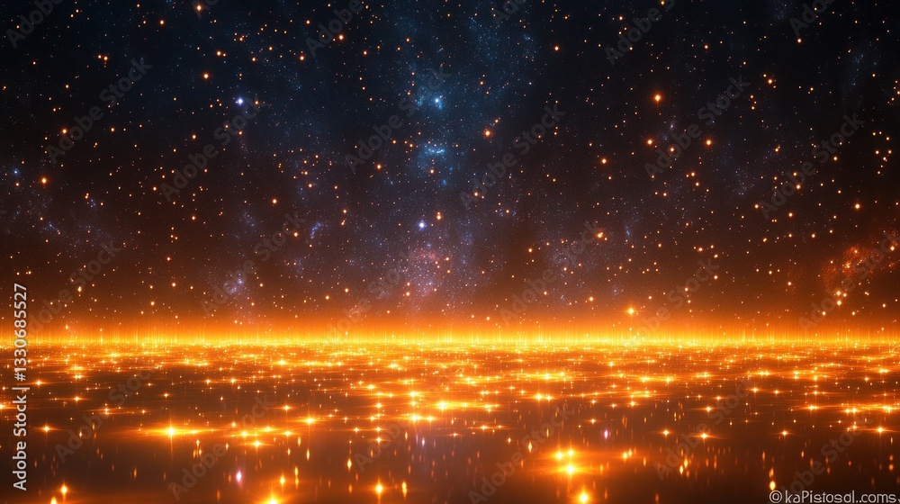 Fototapeta premium Celestial Lightscape: A Universe of Golden Stars Reflecting on a Tranquil Plane