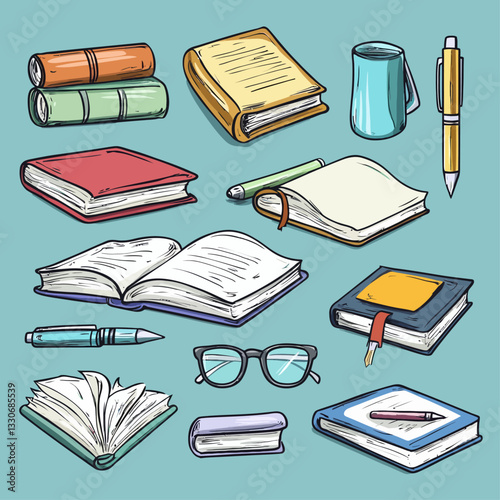 Variety of Colorful Books, Pens, and Glasses Arranged on a Blue Background