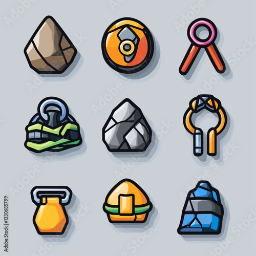 Climbing and Bouldering Equipment Icons - Carabiner, Grips, Kettlebell, Chalk