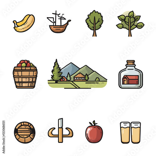 Illustrations Depicting Farming, Brewing, Fruits, and Picturesque Scenery