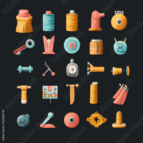 Sewing and needlework cartoon icons for crafting and hobby concept
