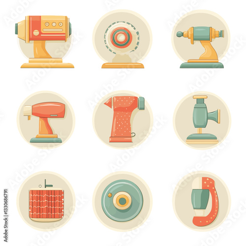 Retro Scientific Equipment Icons: Vintage Lab Devices and Apparatus Set