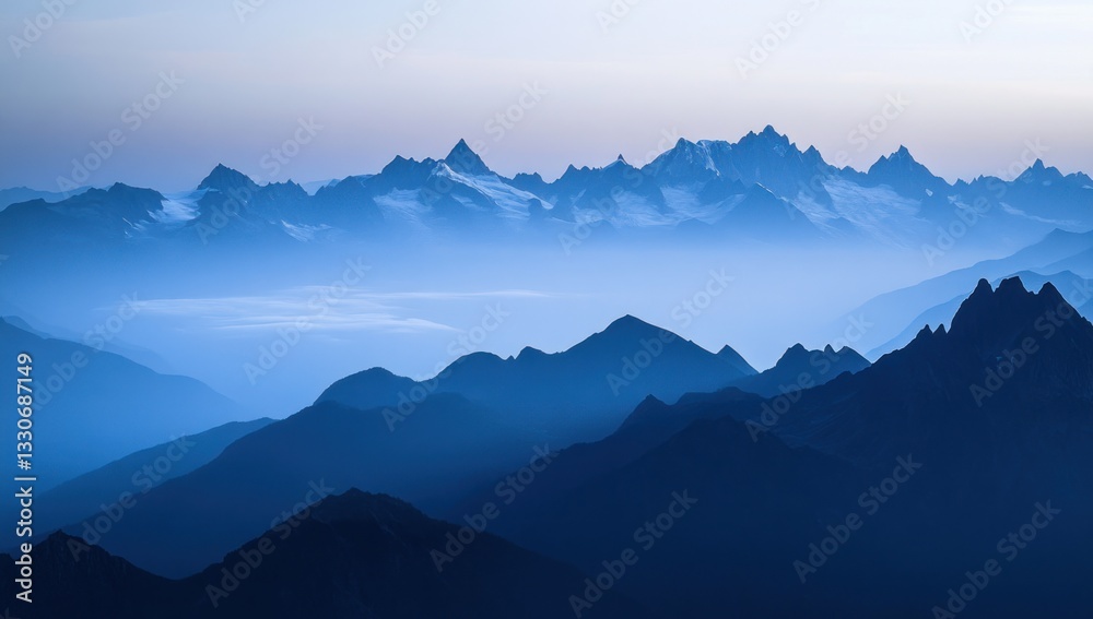 Misty mountain range at dawn. Vast, serene, and majestic peaks shrouded in a light blue haze Misty mountain range at dawn. Vast, serene, and majestic peaks shrouded in a light blue haze