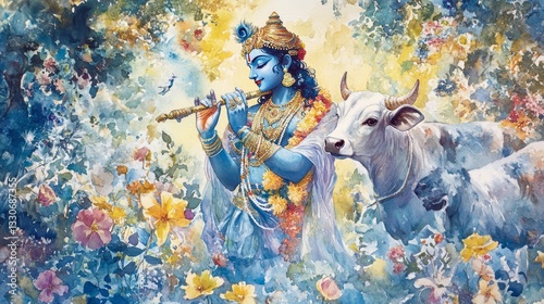 Generic Festive Watercolor Moment Depiction Lord Krishna