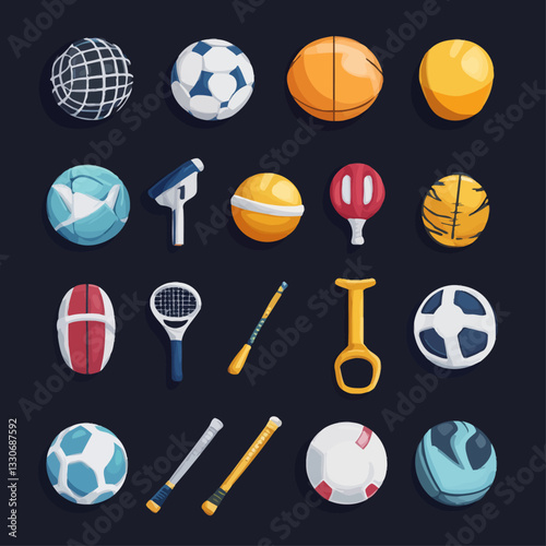 Assorted sports equipment illustrations for games and activities graphic design