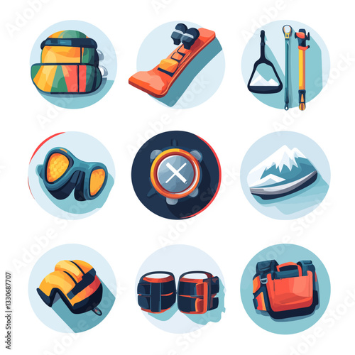 Winter sport equipment icons: snowboarding, ski gear, helmet, and more