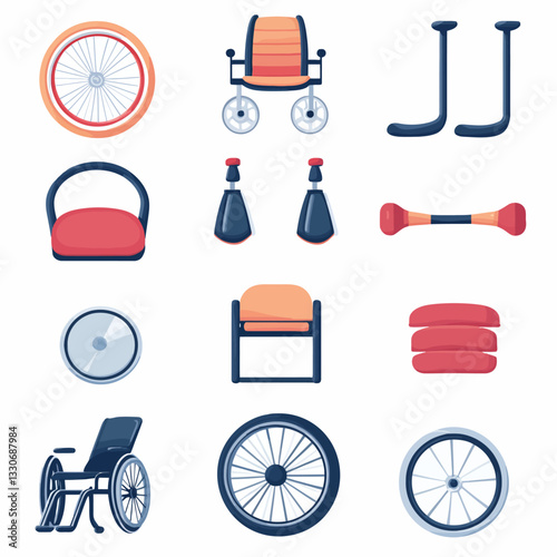 Wheelchair parts illustration: Seat, wheels, handles, and accessories